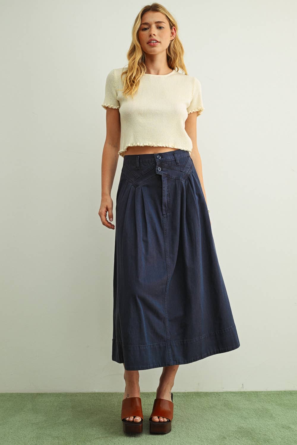Rosie Ruffle Hem Ribbed Top in Butter