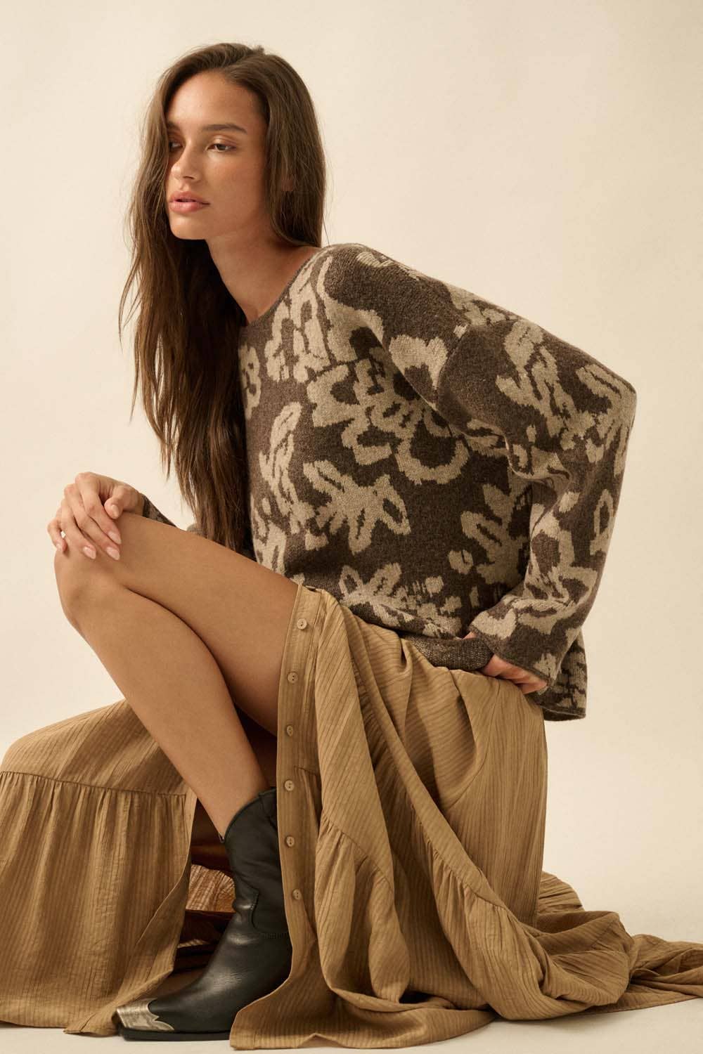 Abstract Bloom Jacquard Sweater in Chocolate