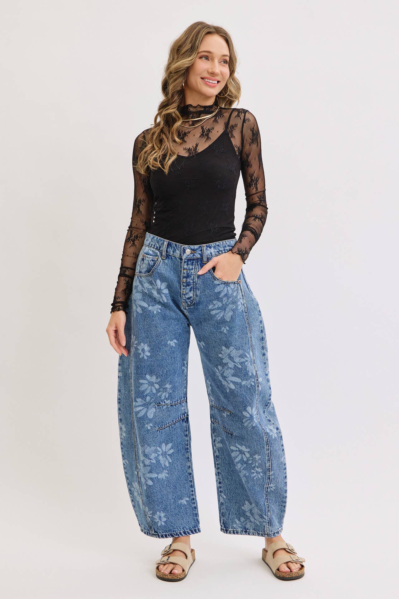 Calla Floral Print Barrel Jeans