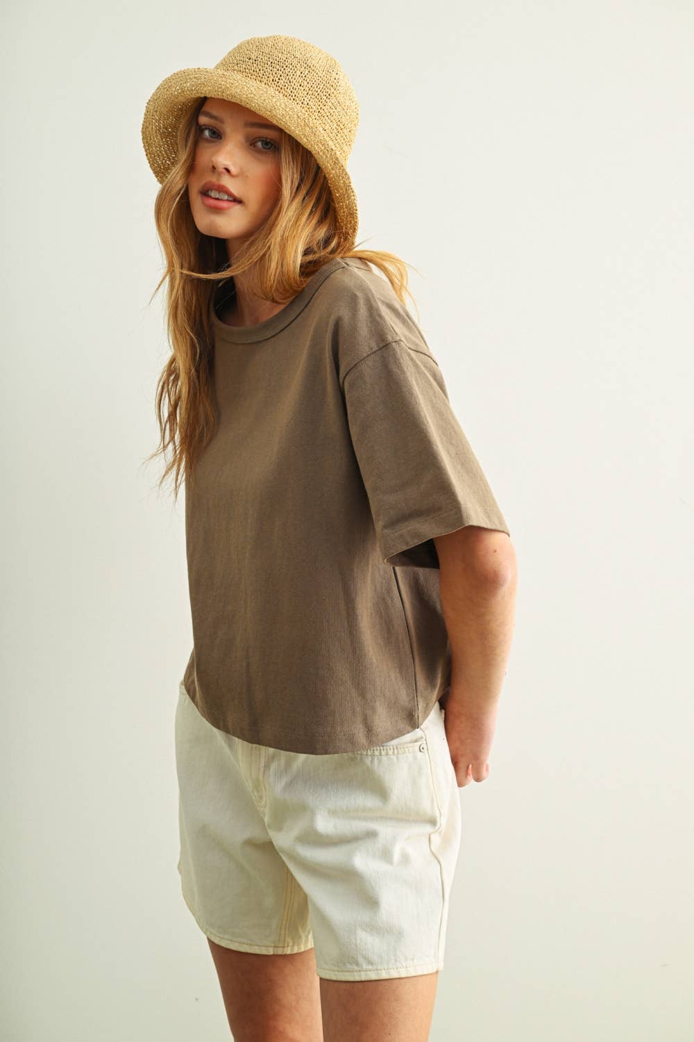 Lena Linen Knit Crew Top in Oatmeal
