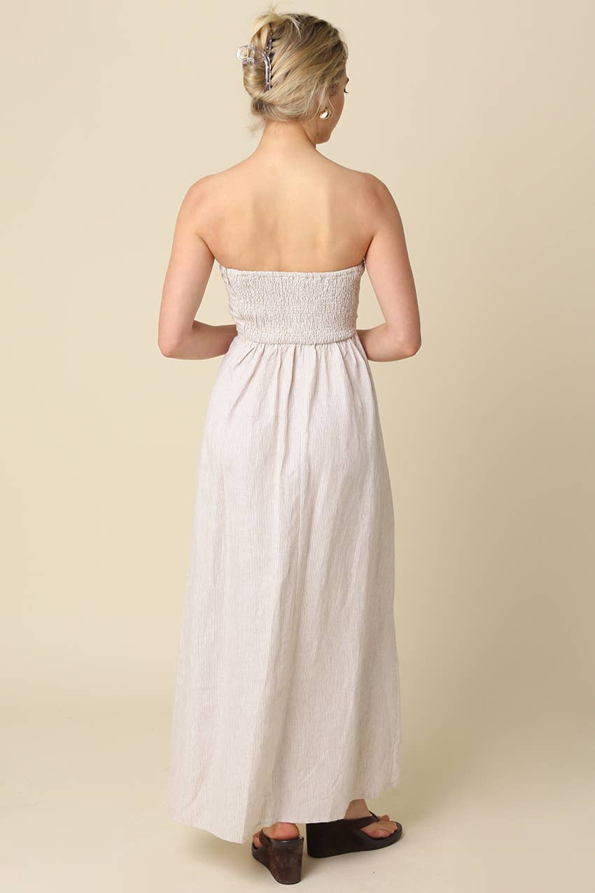 Milard Linen Khaki Striped Dress
