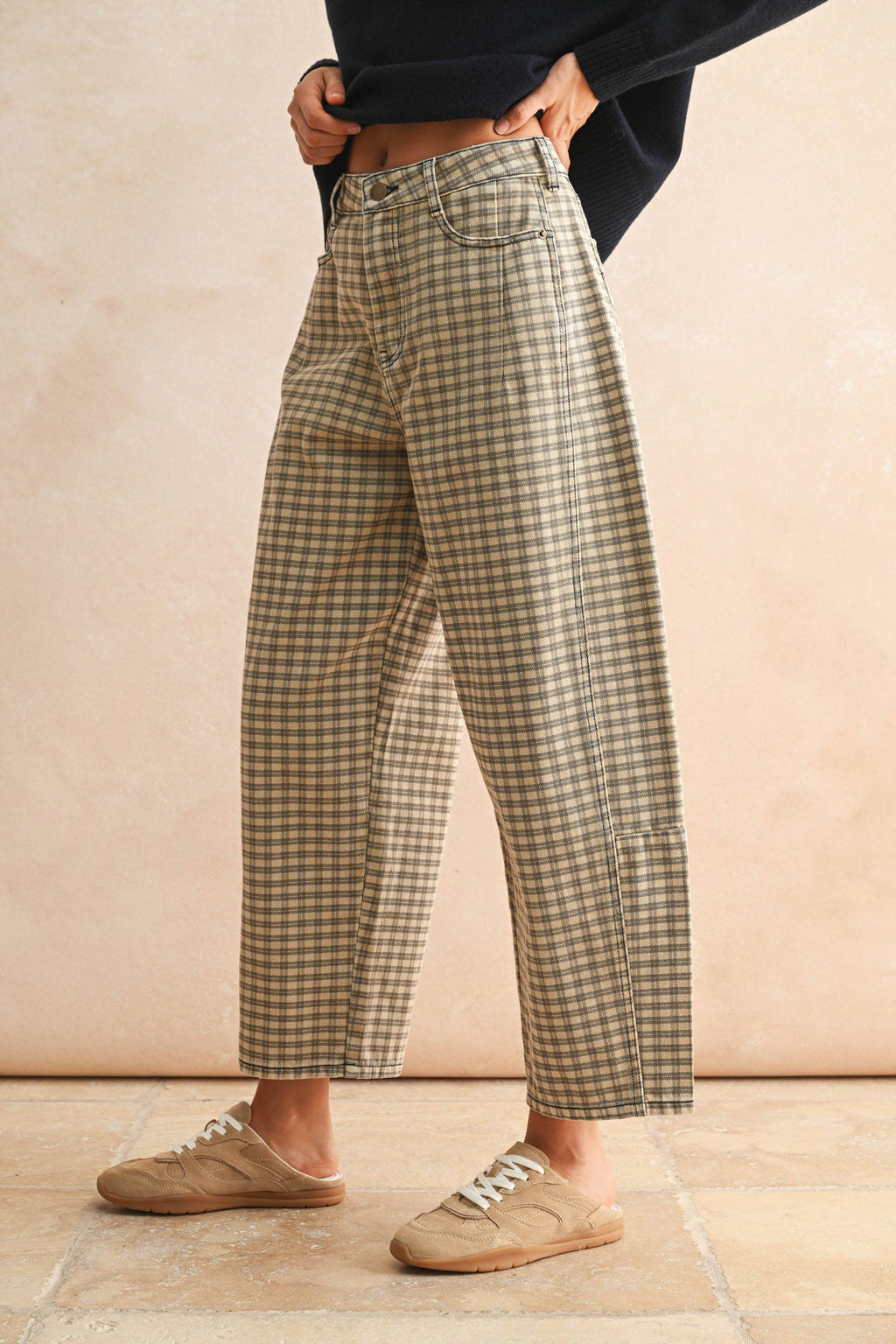 Autumn Grid Barrel Pants in Tan