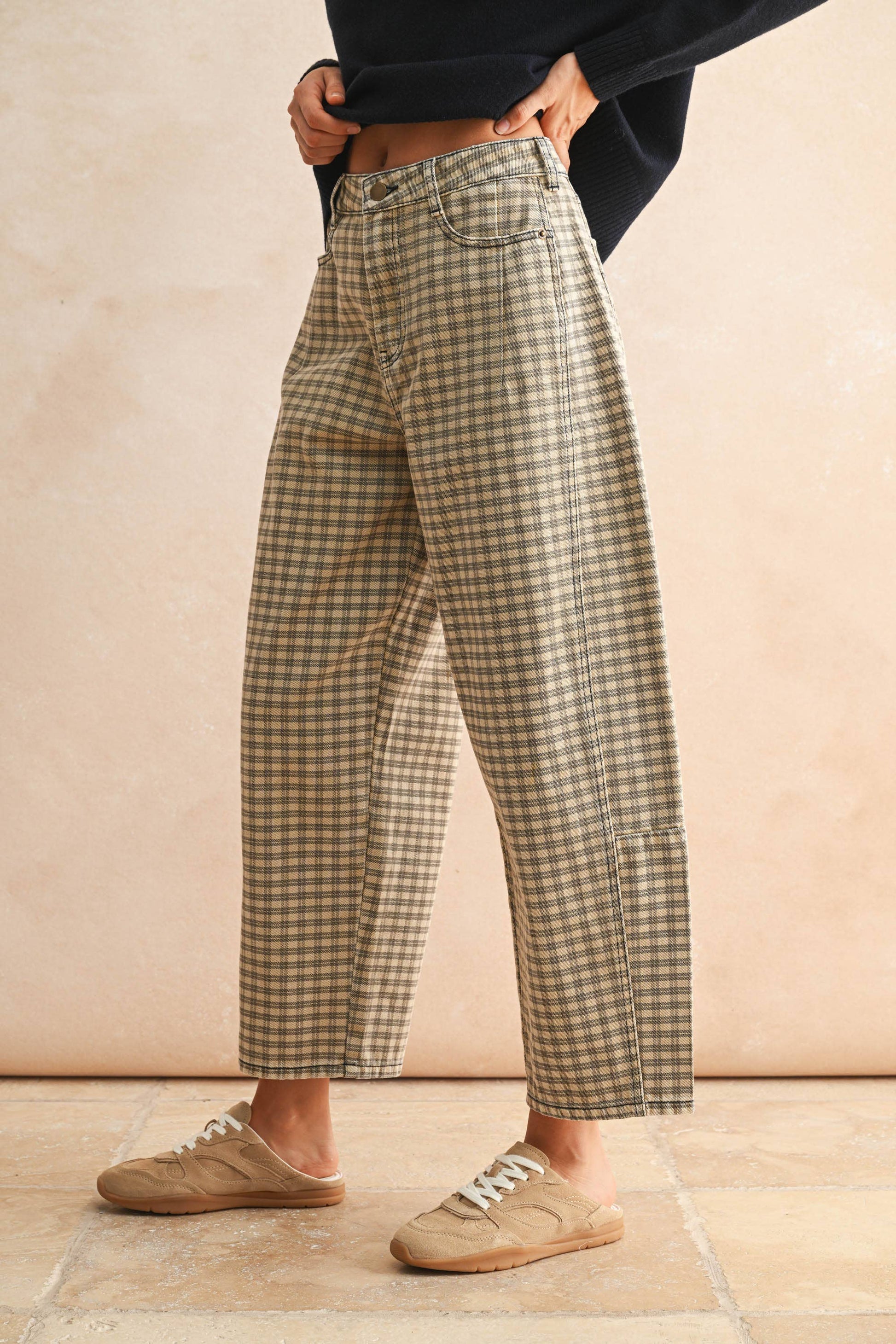 Autumn Grid Barrel Pants in Tan