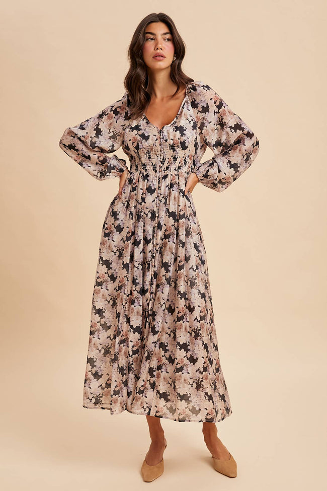 Midnight Floral Smocked Maxi Dress