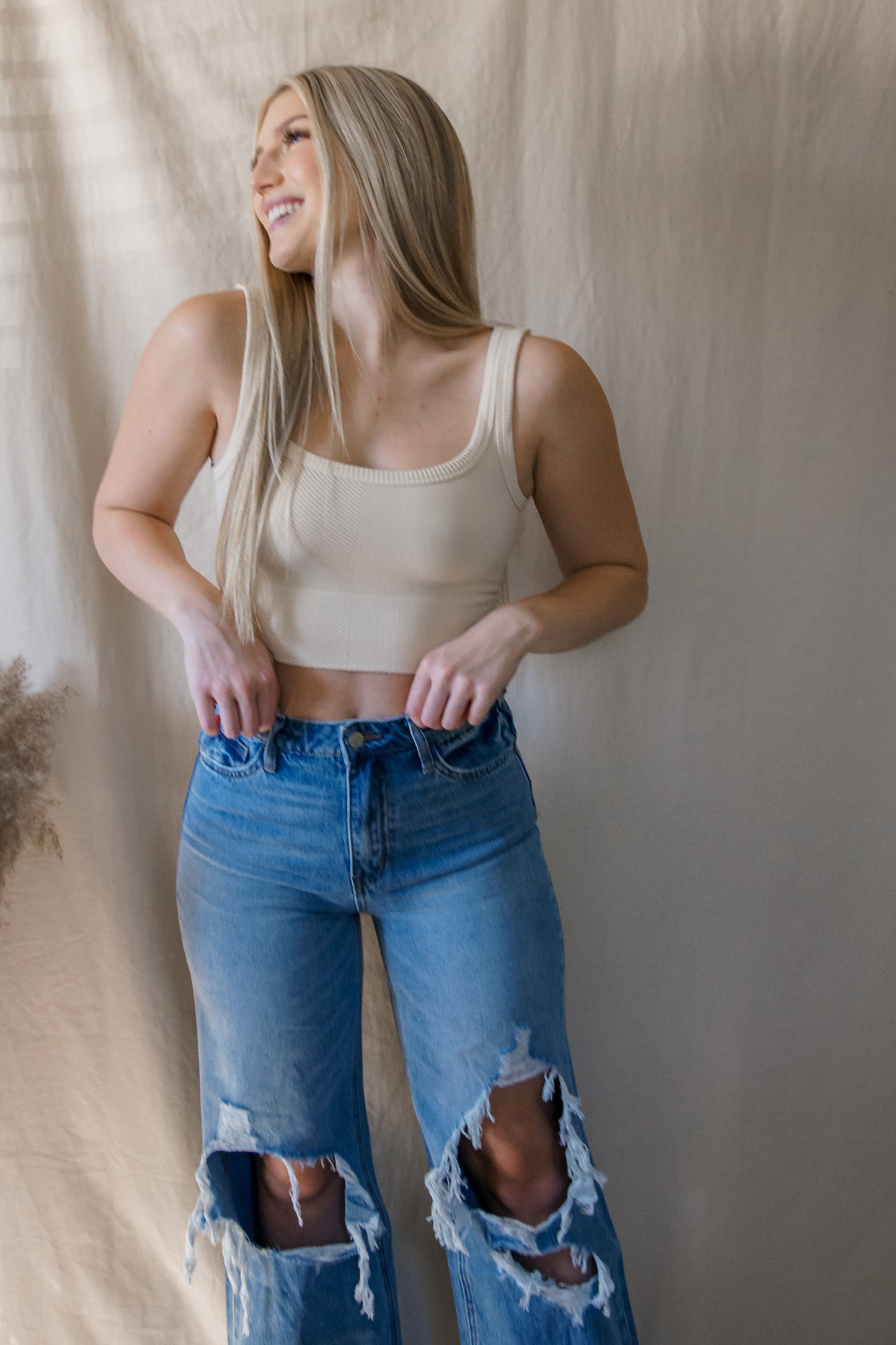 Pearled Ivory Chevron Ribbed Crop Top
