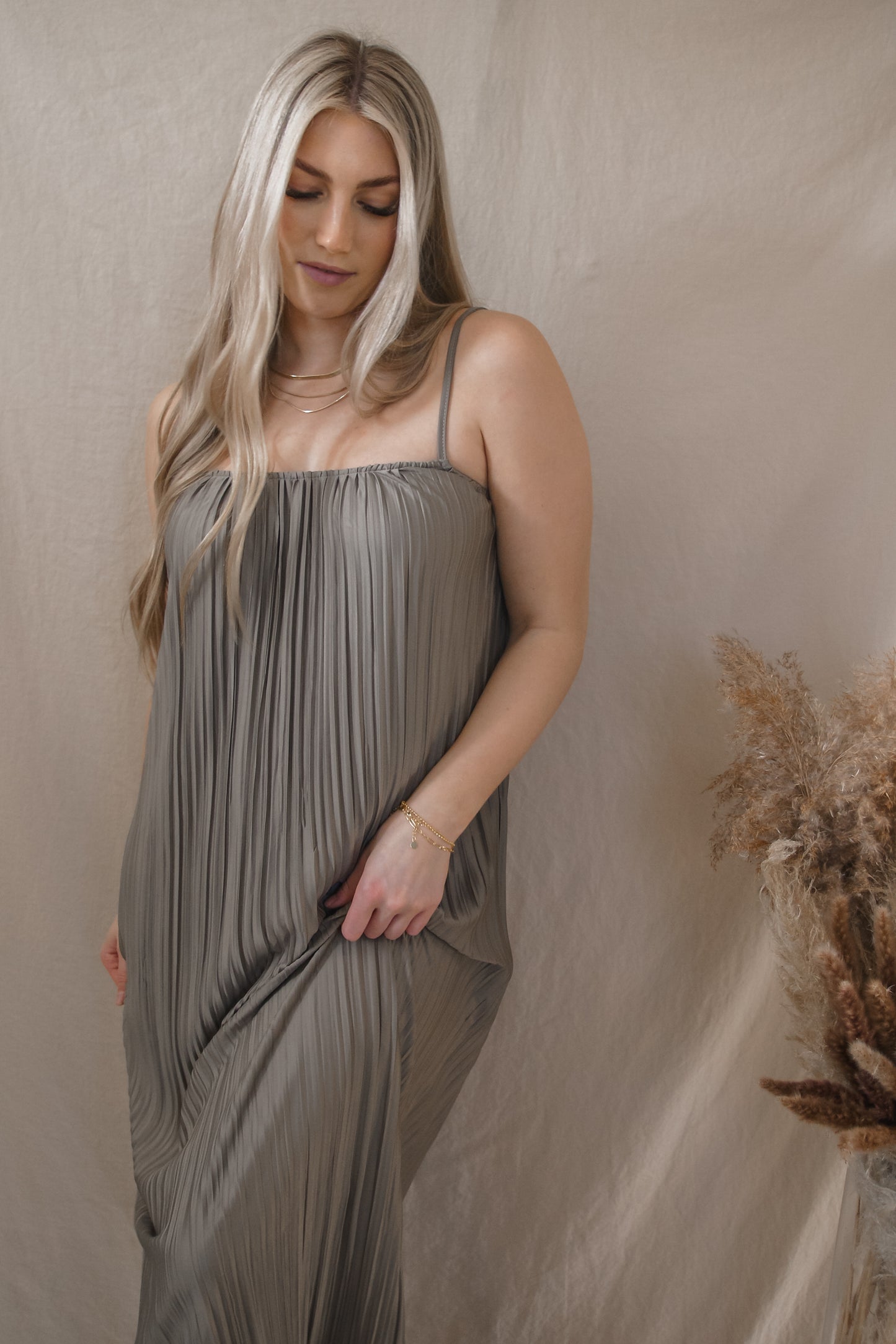 Cheyenne Midi Slip Dress in Khaki